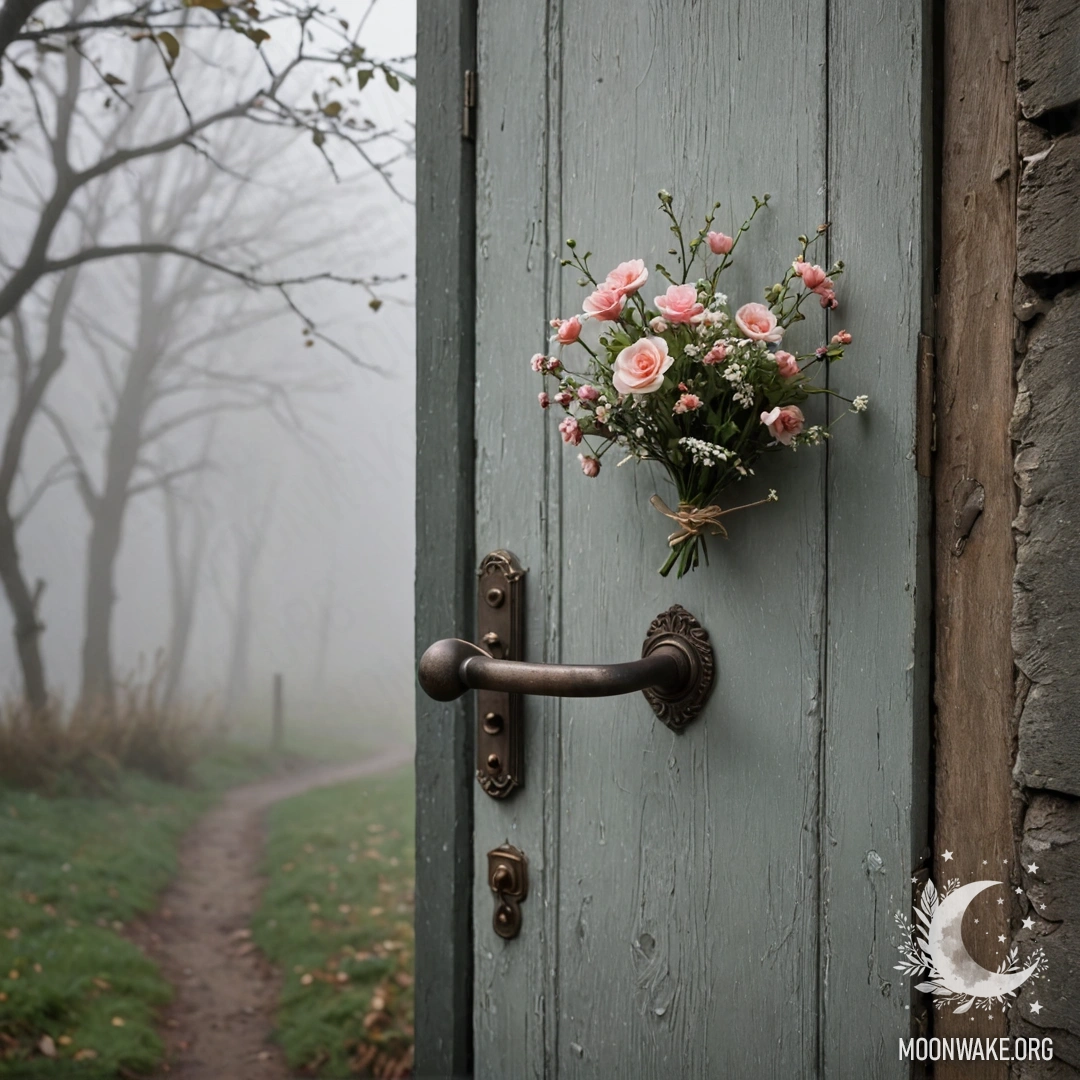 Старая, обшарпанная дверь с веточками и цветами на ручке, окруженная густым туманом.
