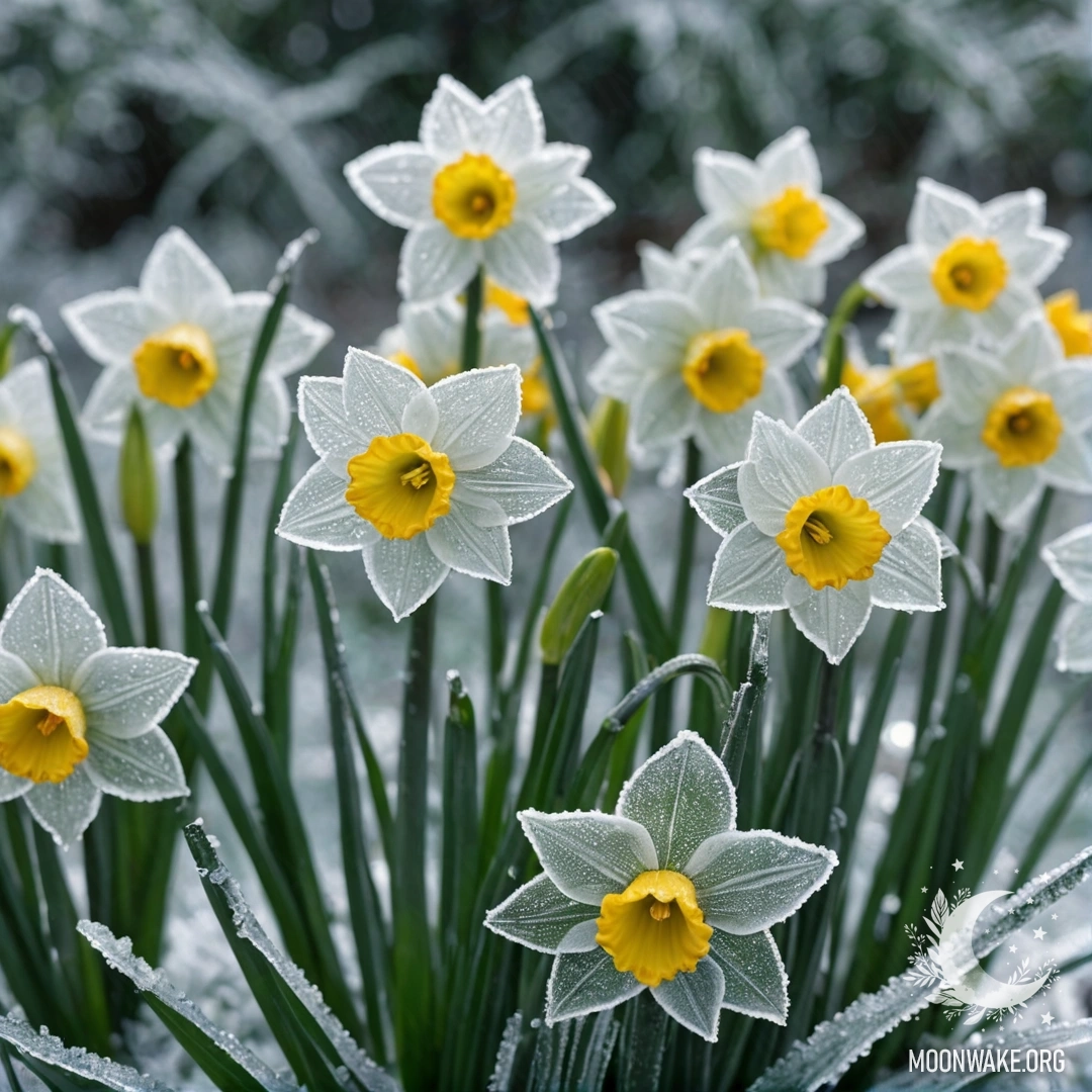 Красивый зеленый нарцисс, окруженный морозом и блестками.