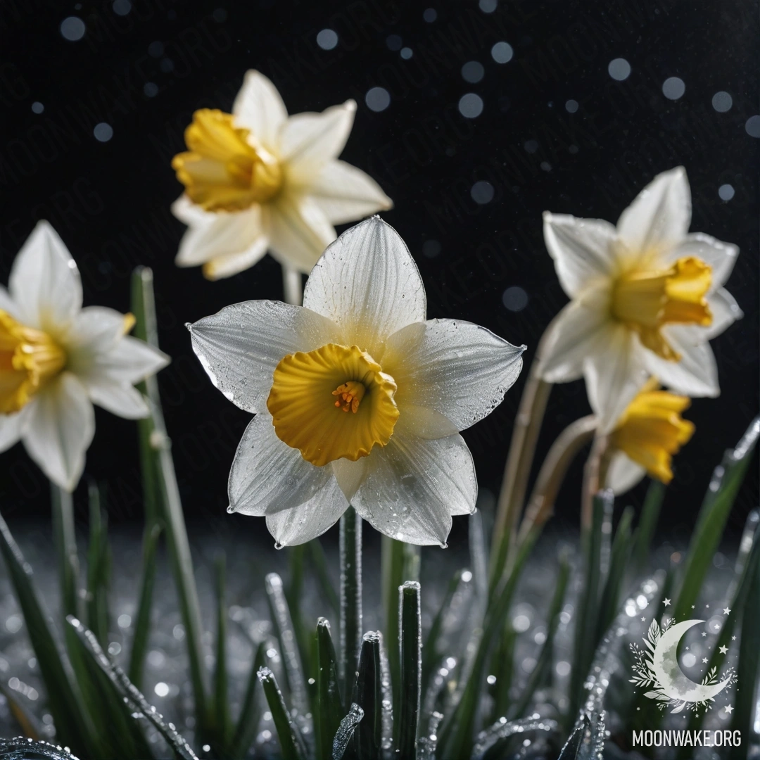 Золотистый цветок нарцисса, покрытый морозом на темном фоне, сверкающий блестками.