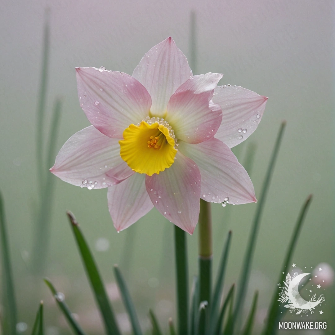 Нежный розовый нарцисс в окружении тумана, украшенный стразами.