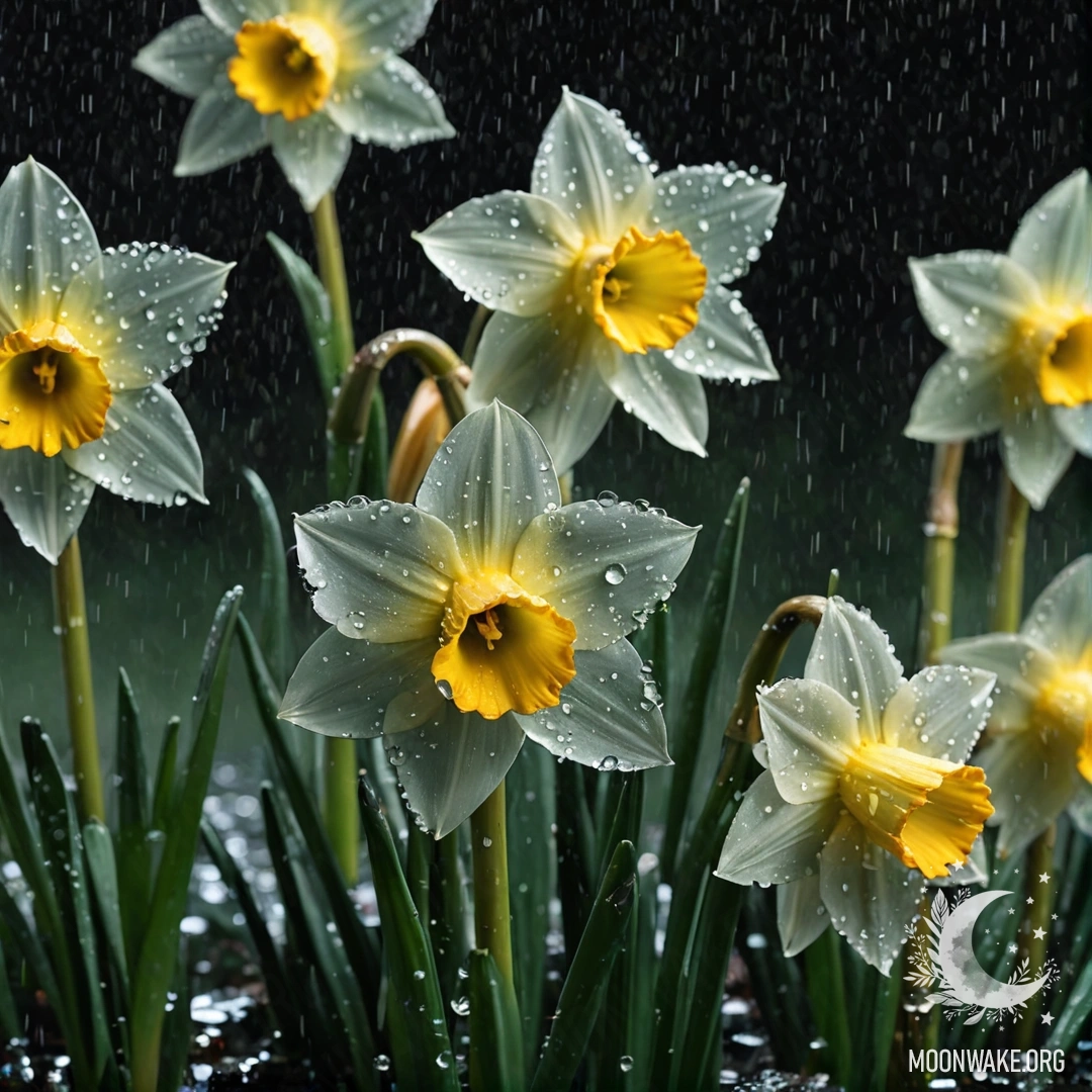 Красивый цветок нарцисса, окруженный туманом и каплями дождя ночью, украшенный зелеными стразами, передающий атмосферу волшебства.