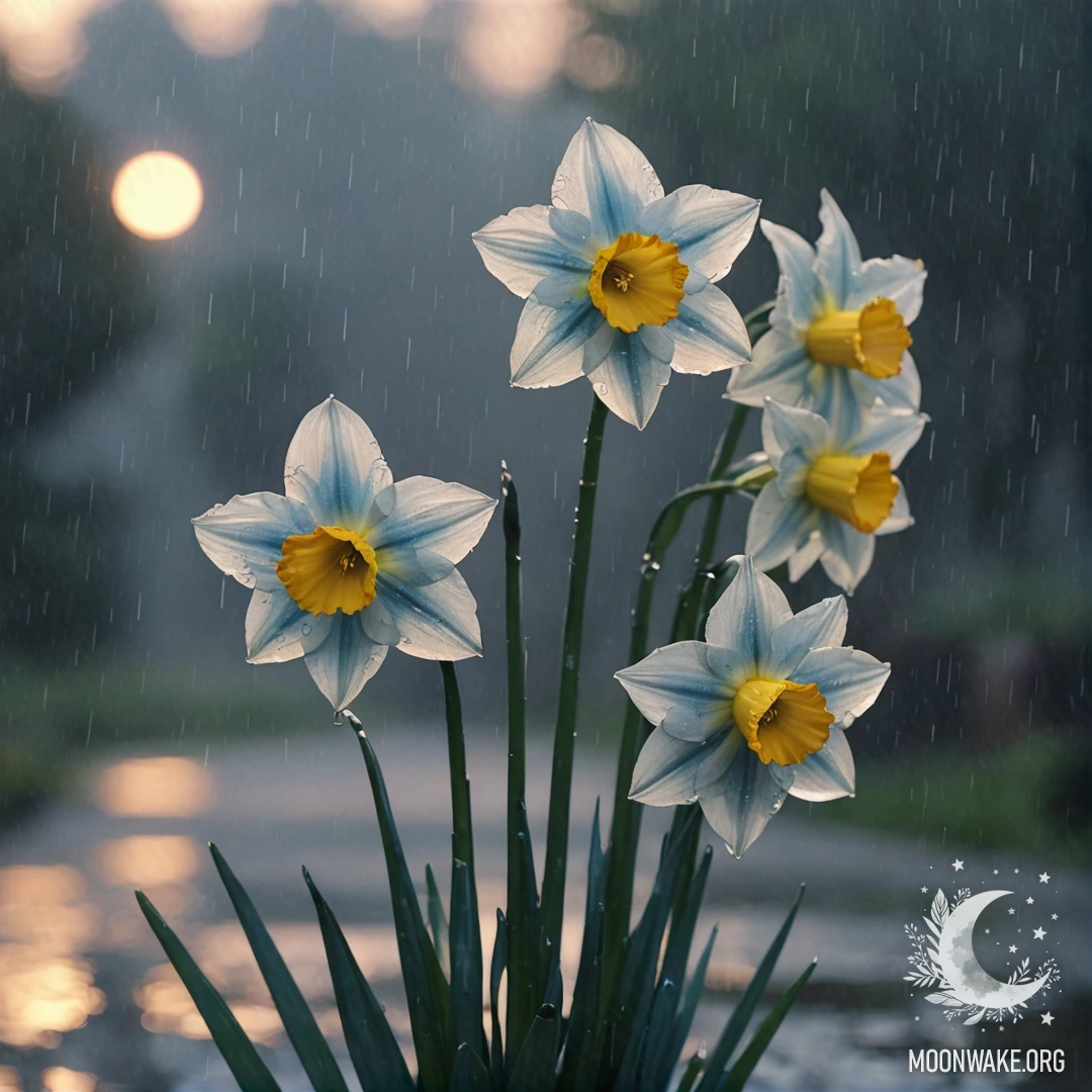 Нежный букет голубых цветов нарцисса в тумане и дожде на закате.