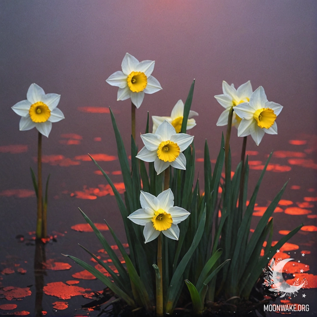 Минималистичное изображение красного цвета нарцисса, окруженного туманом ночью.