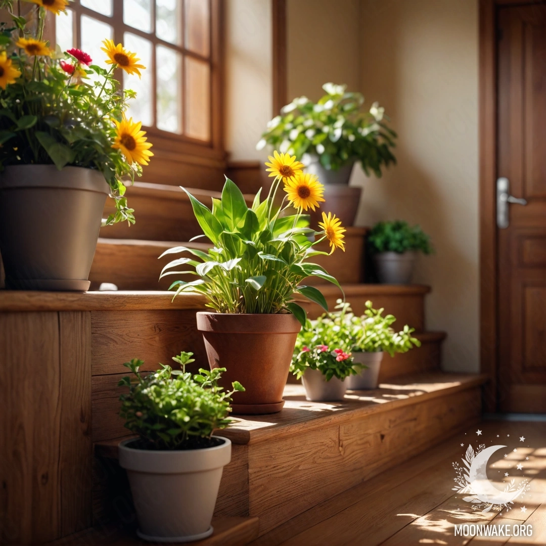 Деревянная лестница, украшенная цветочными горшками, освещенная солнечными лучами.