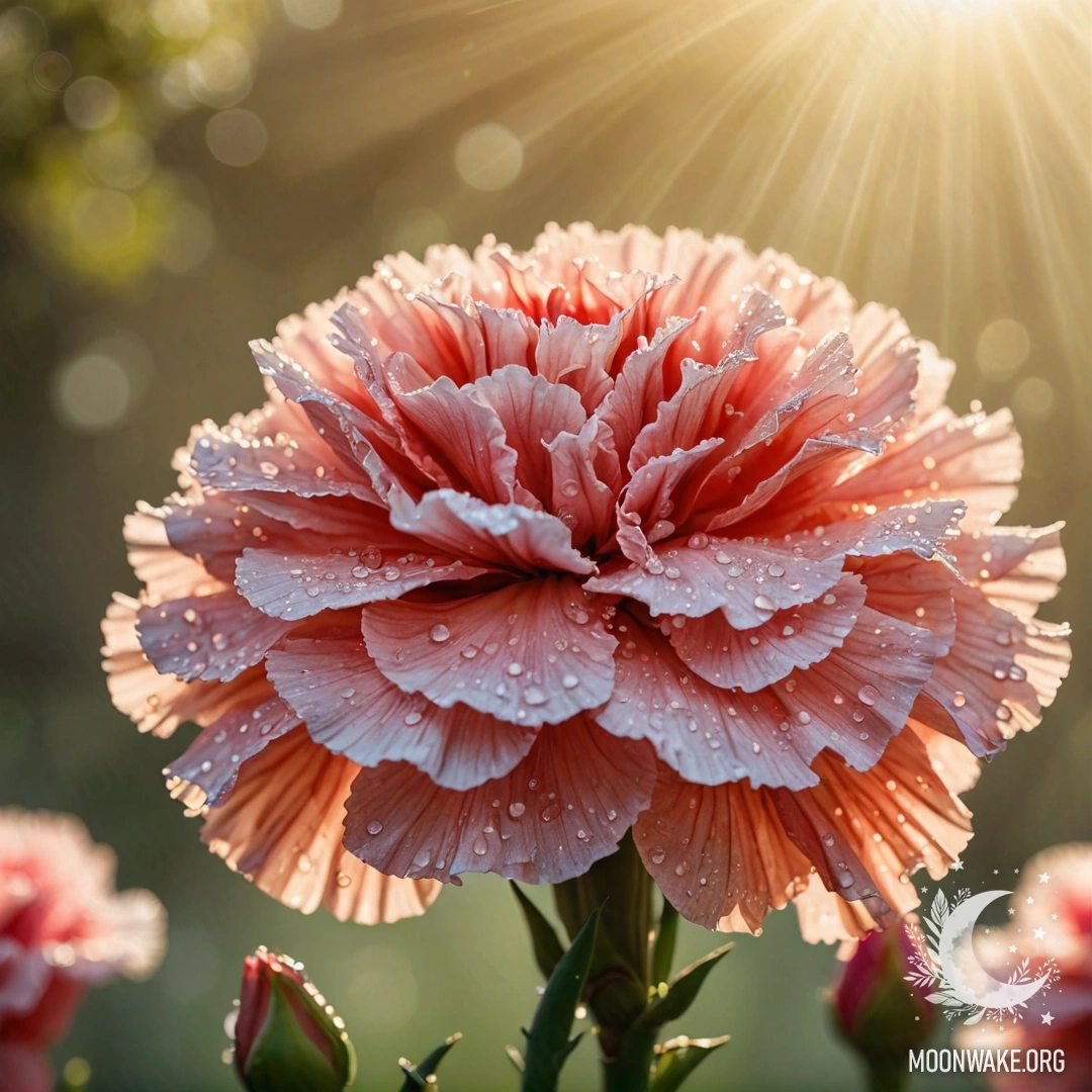 Нежная гвоздика с росинками, сверкающими на солнечном свете.