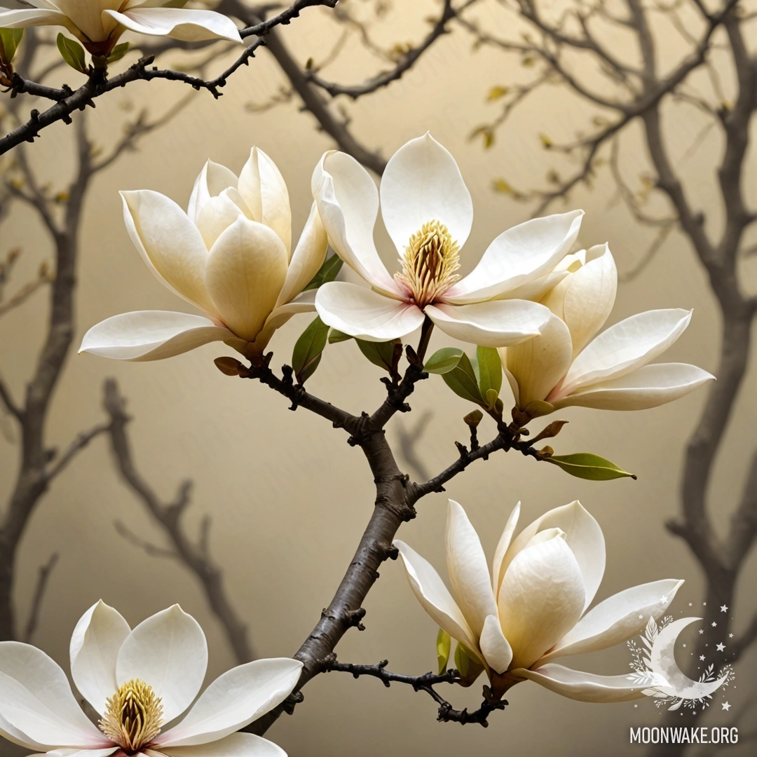 Нежная магнолия с кремово-желтыми лепестками на фоне тумана.