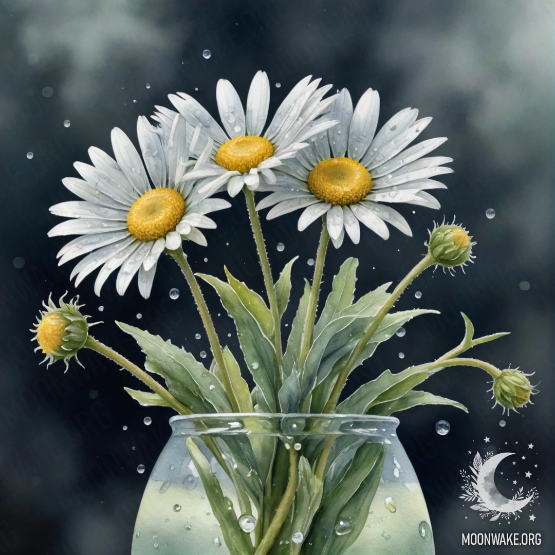 Акварельная картина с нежной ромашкой, покрытой росой, в вазе цвета шалфея ночью.