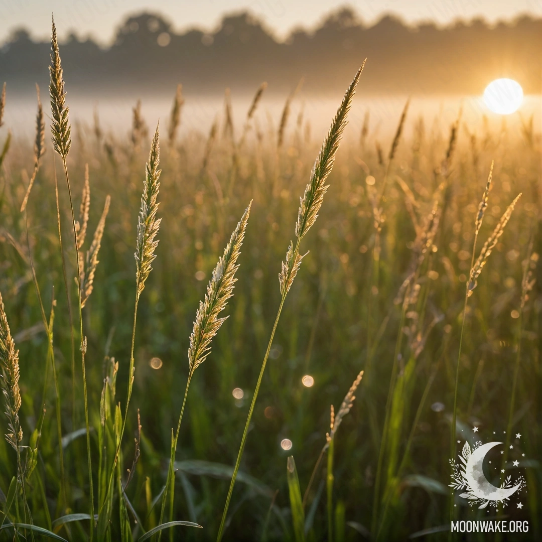 Крупный план нежной травы на фоне размытых силуэтов поля с туманом в закатных тонах.