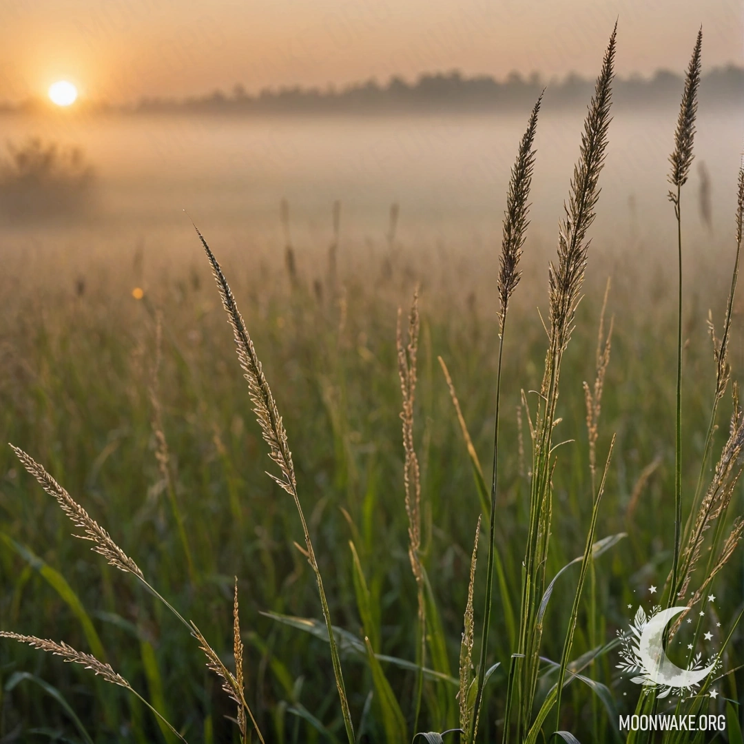 Близкий план нежной травы на туманном поле во время заката.
