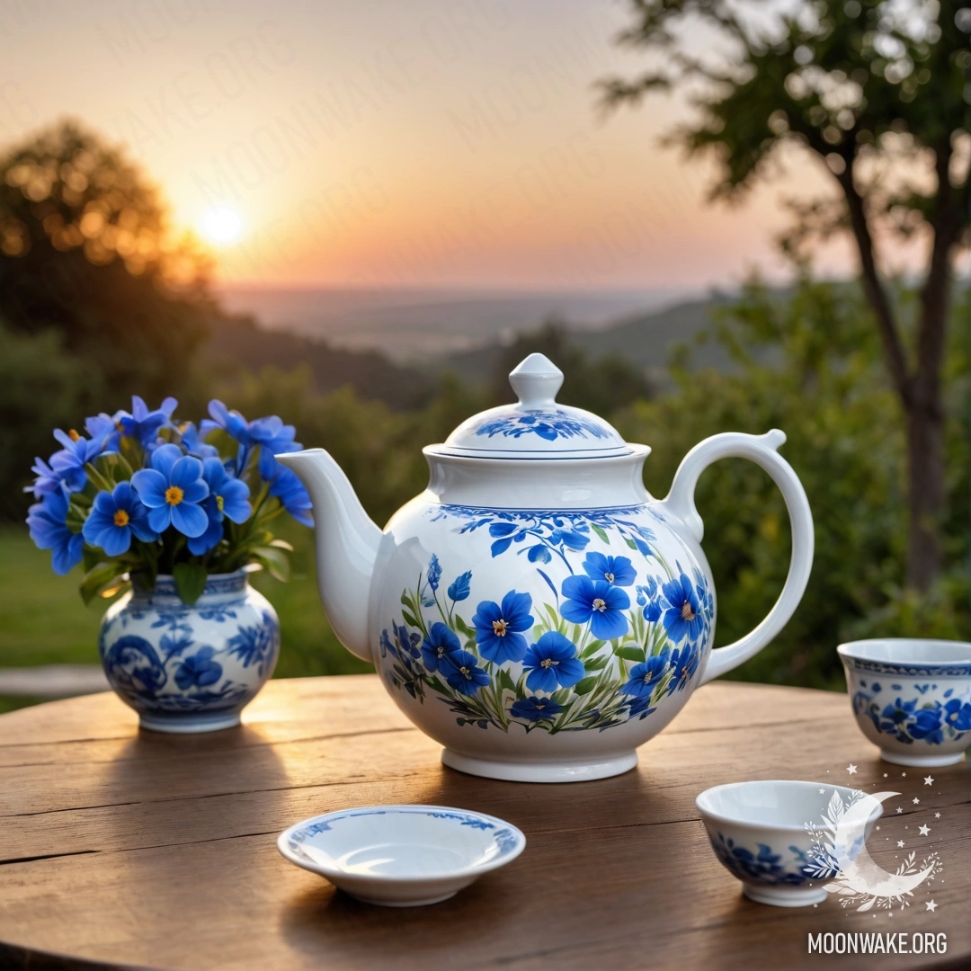 Нежная голубая ваза из металл с белыми и розовыми цветами на фоне белой стены, украшенной гирляндой огней.