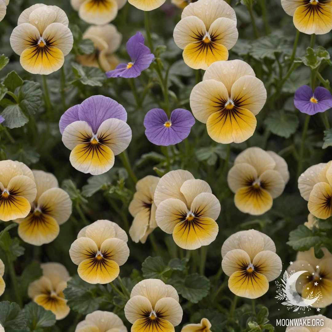 Нежные анютины глазки в тумане под дождем на закате.