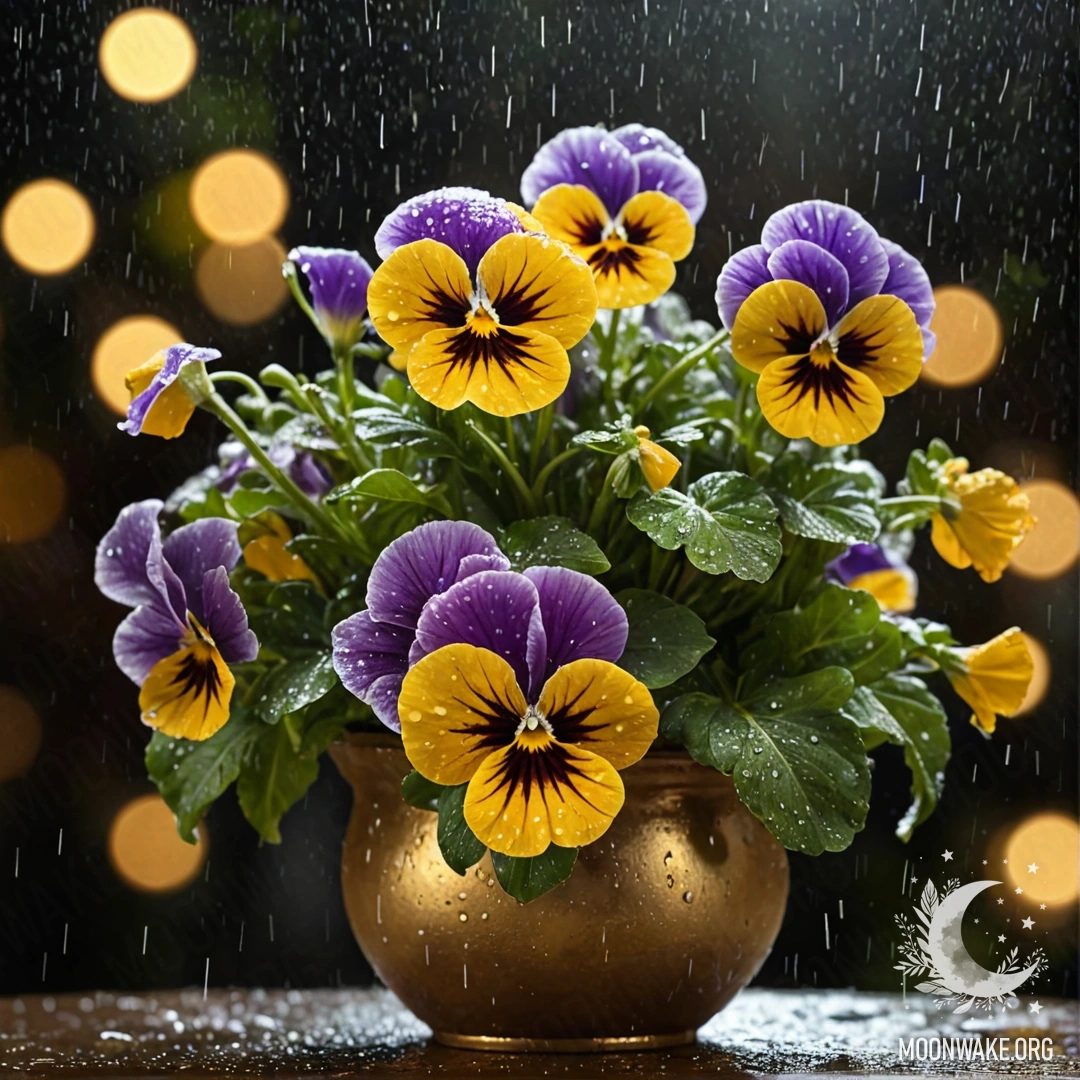 Золотая ваза с нежными фиалками, омытыми дождем в ночном свете.