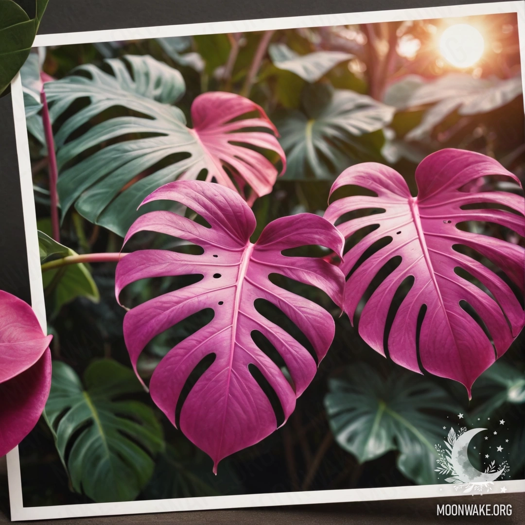 Нежная композиция из листьев монстеры, украшенная паутиной, на фоне заката с фуксиевыми узорами.