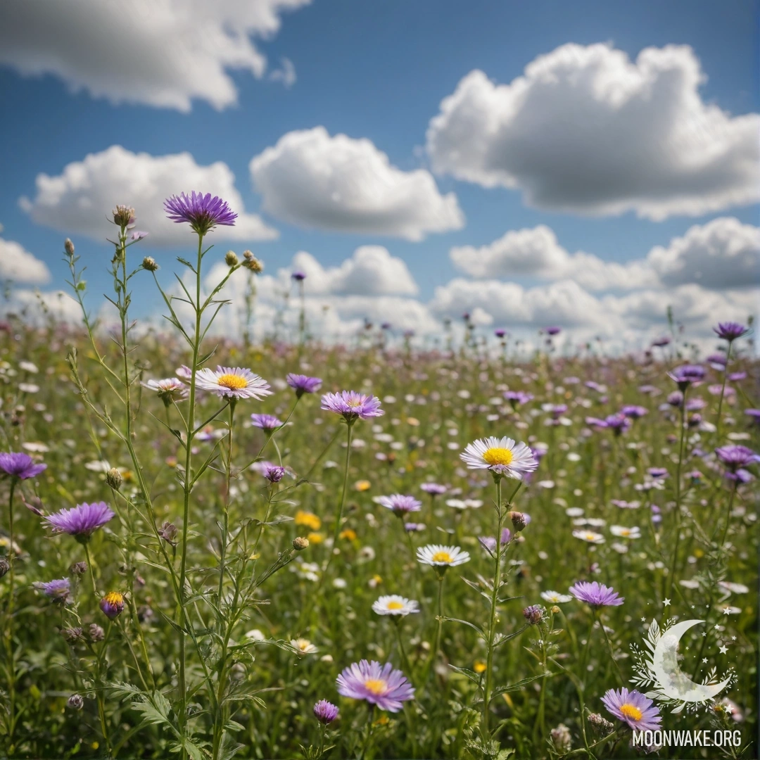 Крупный план нежных полевых цветов на фоне размытого неба с облаками.