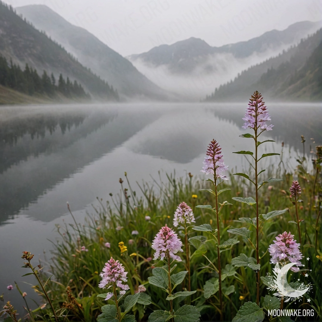 Крупным планом нежные полевые цветы на фоне туманного пейзажа с горами и озером.