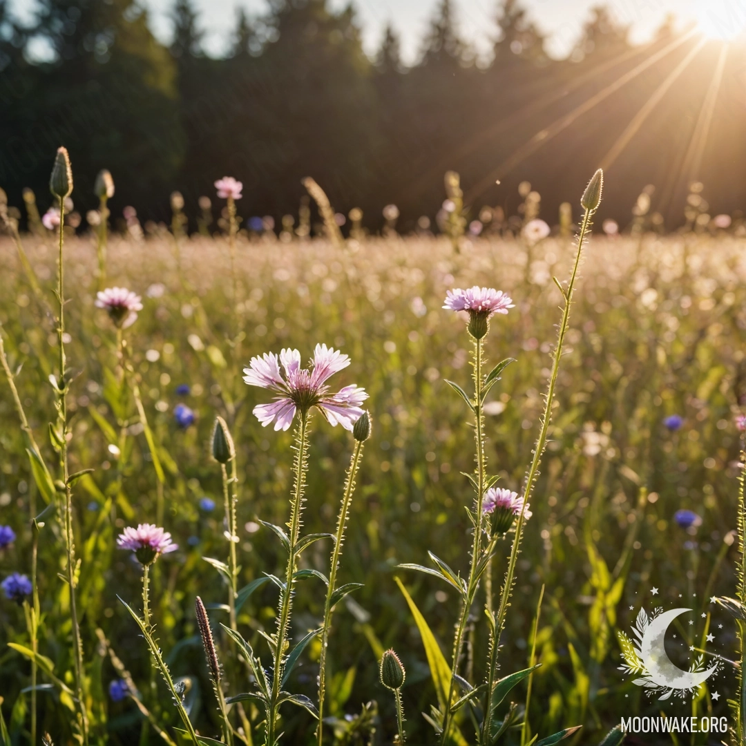 Крупный план нежных полевых цветов на размытом фоне с эффектом световых бликов.