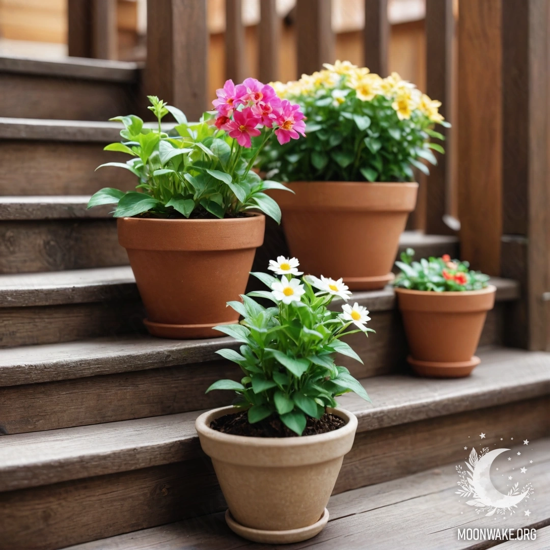 Деревянная лестница, украшенная цветочными горшками и нежными линзами.