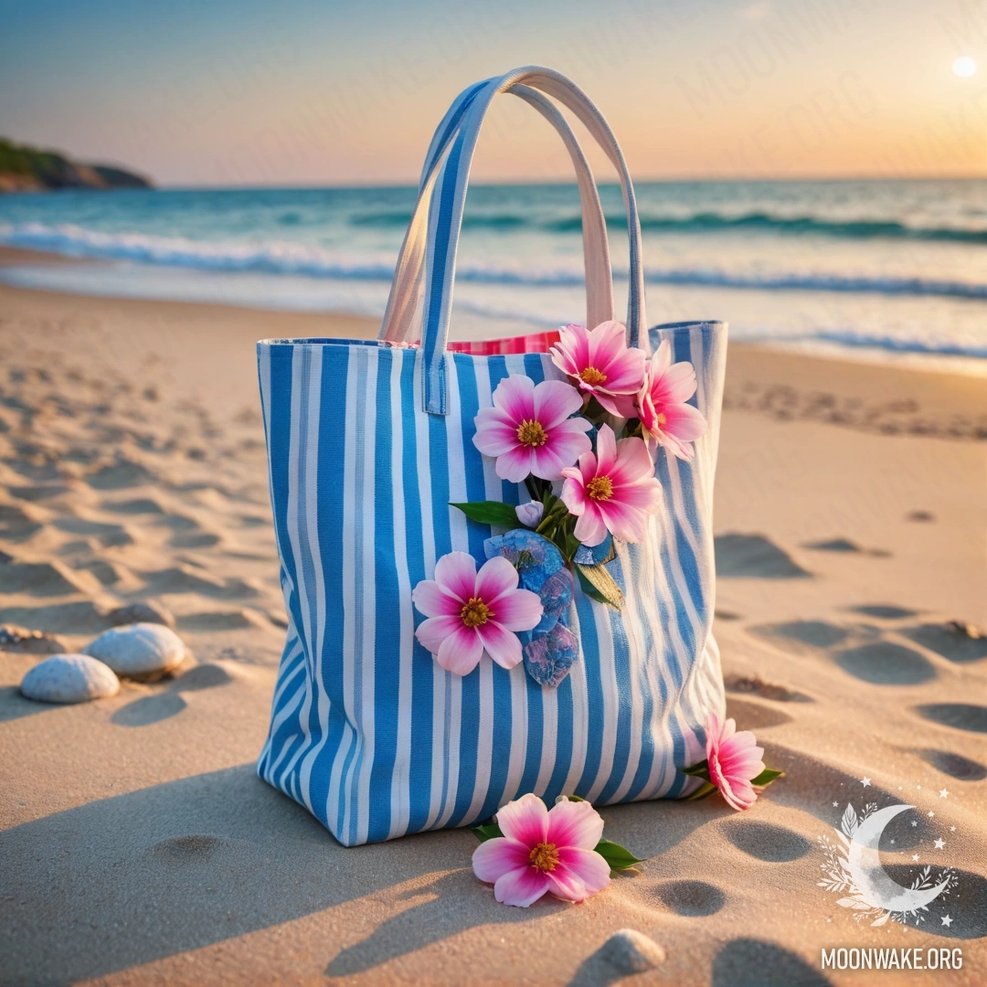 Белая и синяя полосатая сумка с розовыми цветами на песчаном пляже на закате, с синем морем и небом на заднем фоне.