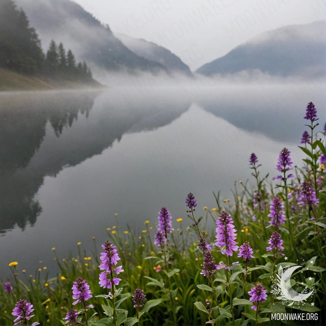 Крупный план нежных полевых цветов на фоне туманного горного озера.