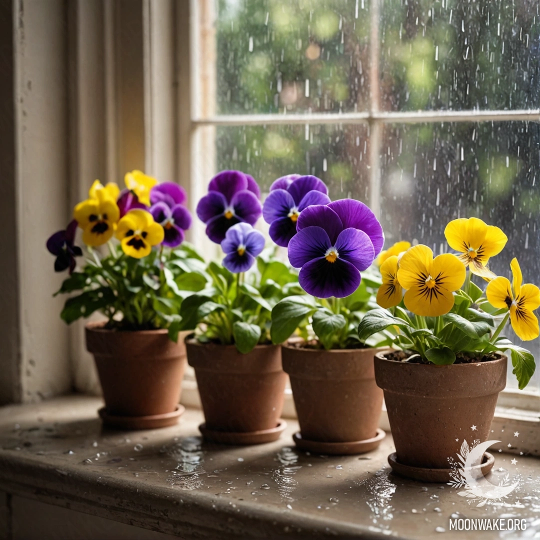 Винтажные цветочные горшки на потрепанном подоконнике с анютиными глазками под дождем