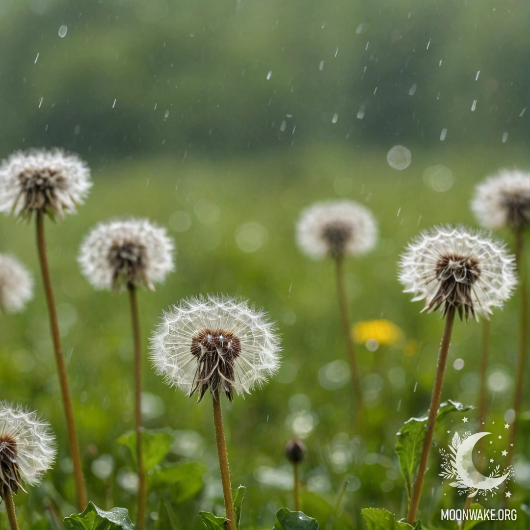 Крупный план одуванчиков на размытом фоне под дождем.