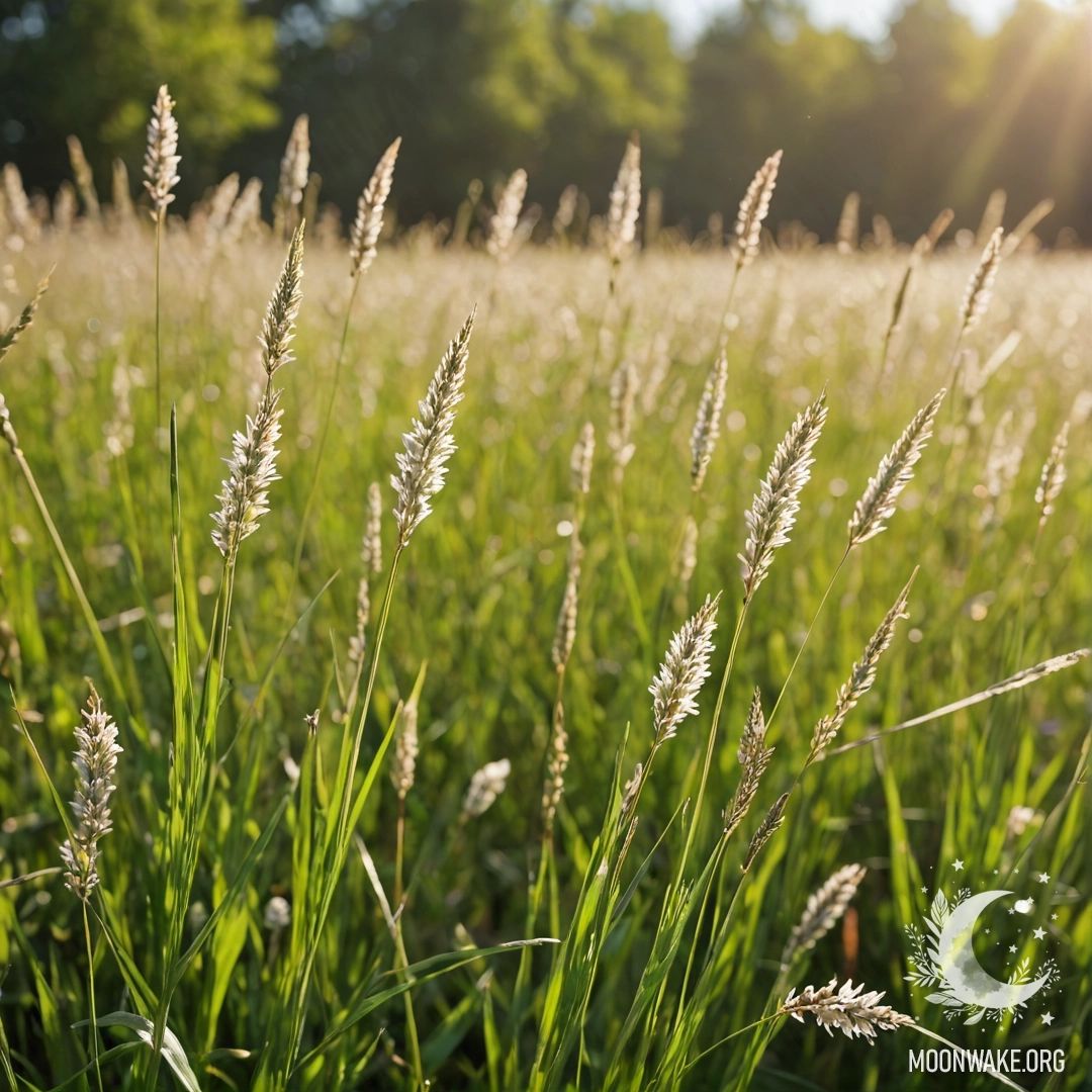 Крупный план нежной травы на поле, украшенной размытыми цветами.