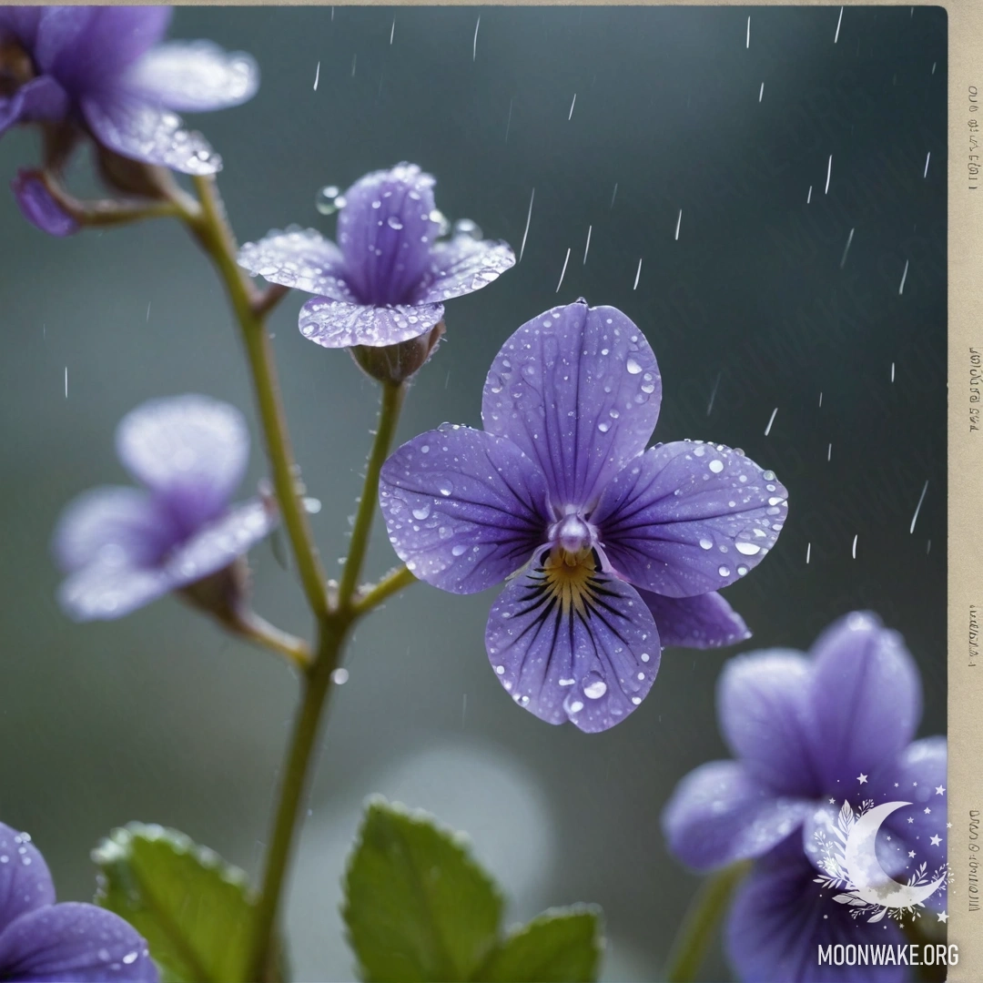 Нежная голубая фиалка, украшенная стразами, сверкающая под дождём.