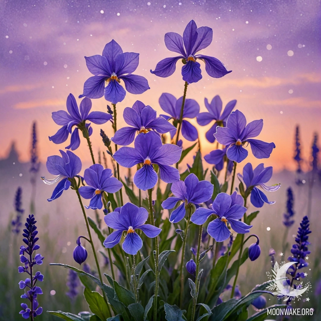 Нежная фиалка, окруженная туманом на закате, сверкающая блестками.