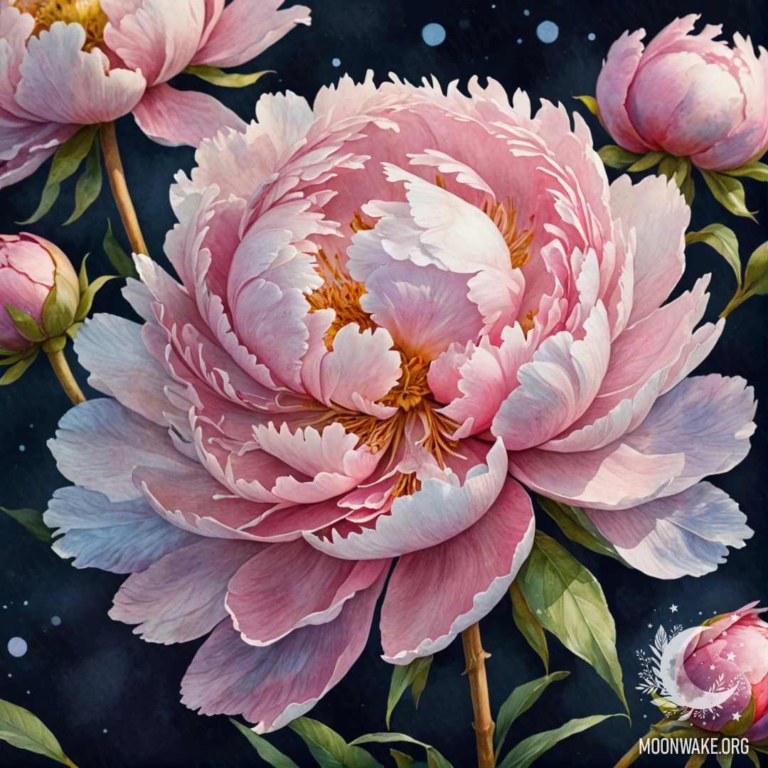 Нежный цветок пиона на фоне мягкого пастельного ночного неба.