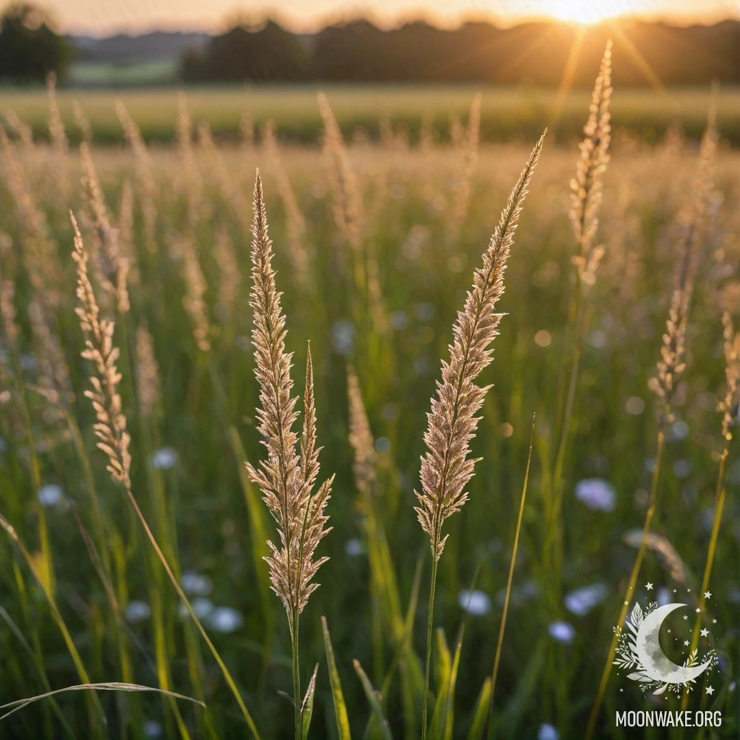 Крупный план нежной травы на фоне размытых цветных цветов на закате.