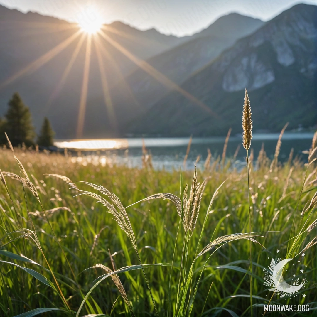 Крупный план милой травы на фоне мечтательного озера с боке и солнечными лучами.
