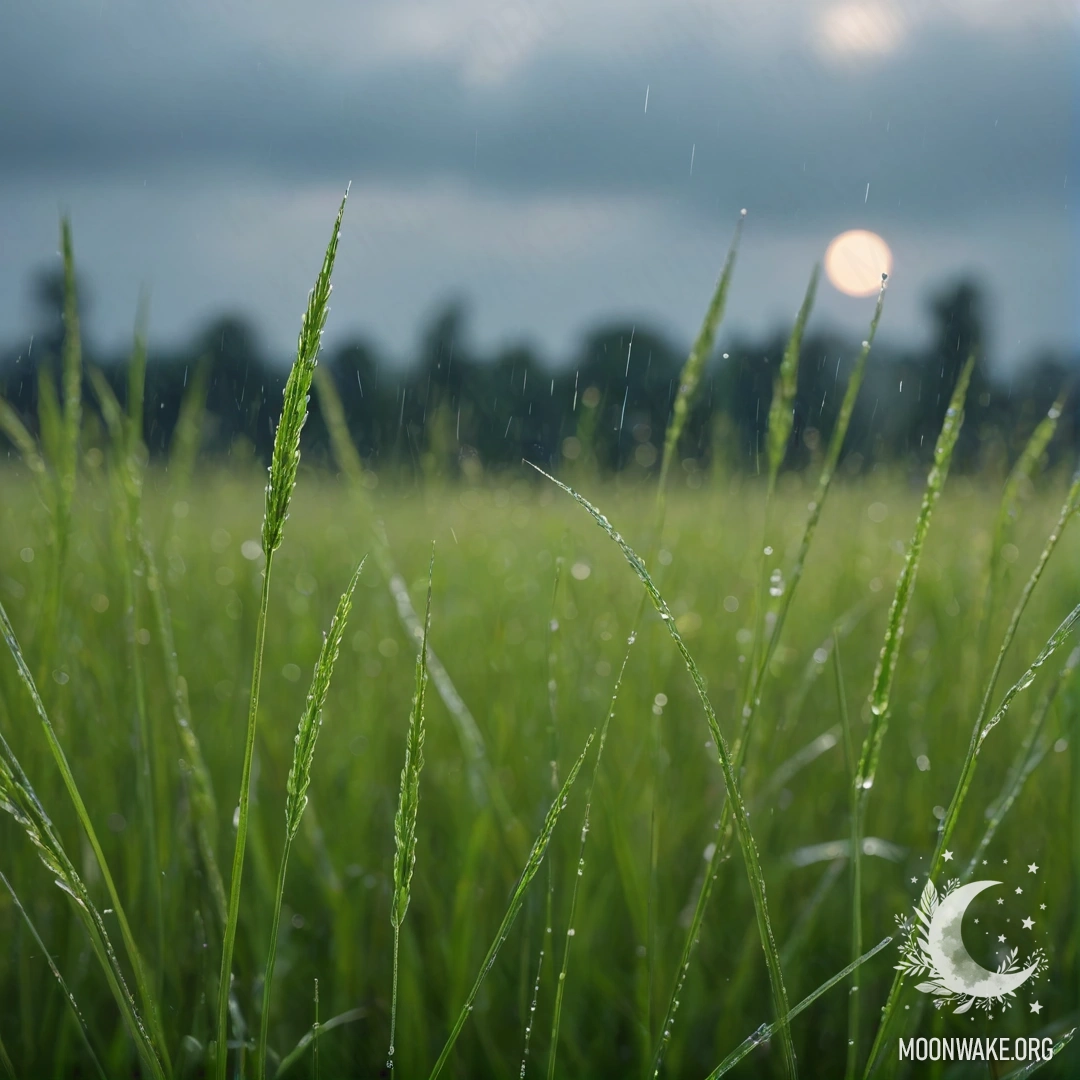 Крупный план нежной травы на поле с боке неба на фоне под дождем.