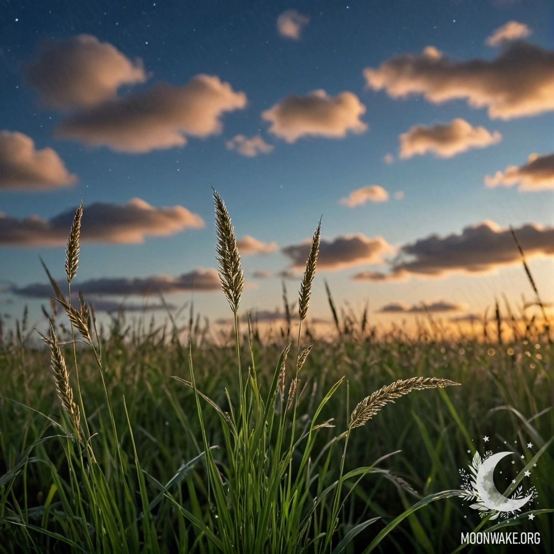 Крупный план нежной травы на фоне небес с размытыми облаками ночью.