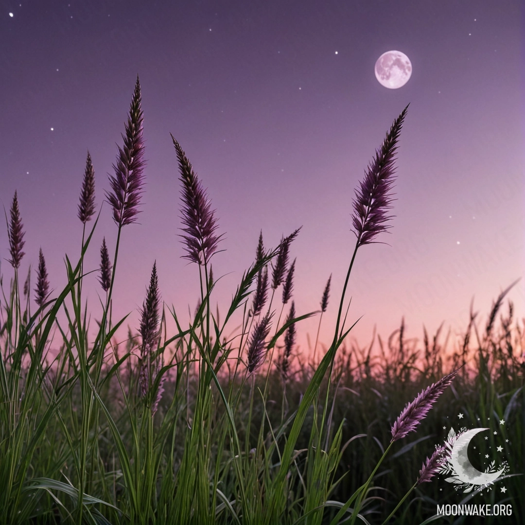 Крупный план нежной травки на фоне розово-фиолетового неба с луной ночью.