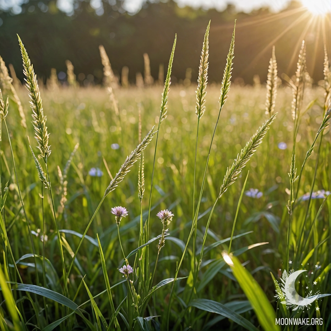 Крупный план нежной травы на фоне цветущего поля с эффектом боке и бликами света.