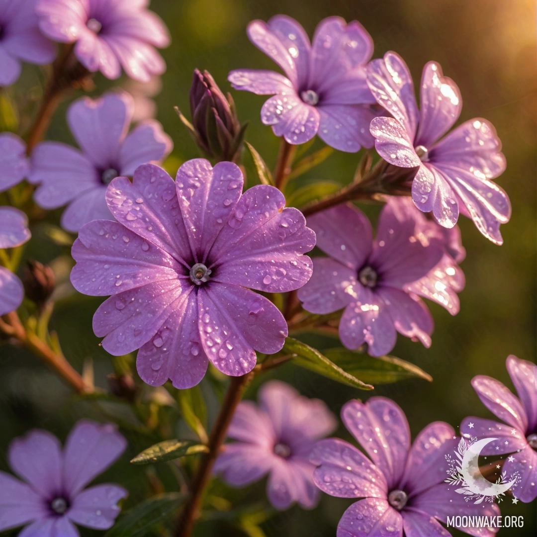 Спокойный пейзаж нежных флоксив на закате, украшенных мерцающими паутинками оливкового цвета.