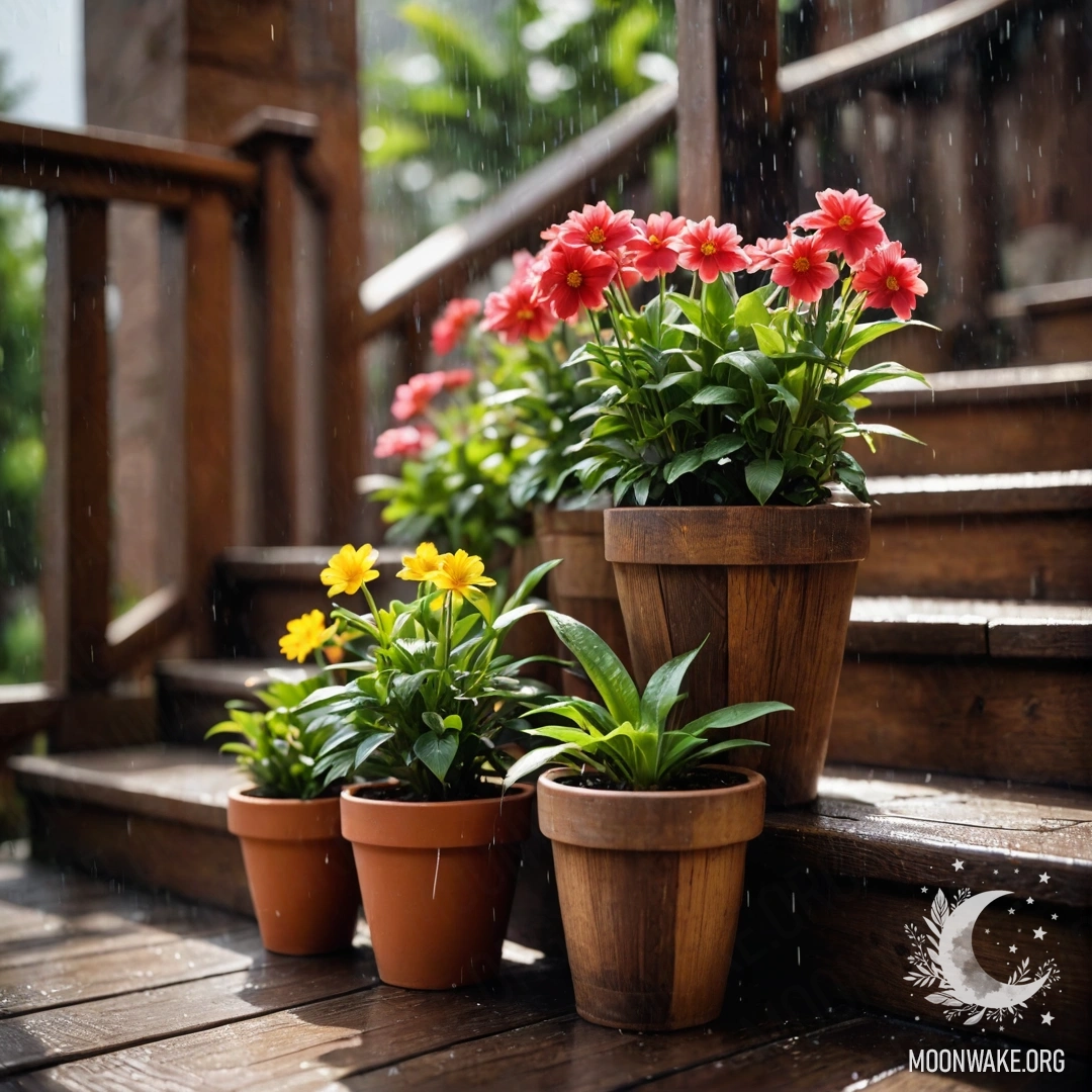 Деревянная лестница, украшенная цветочными горшками под дождем.