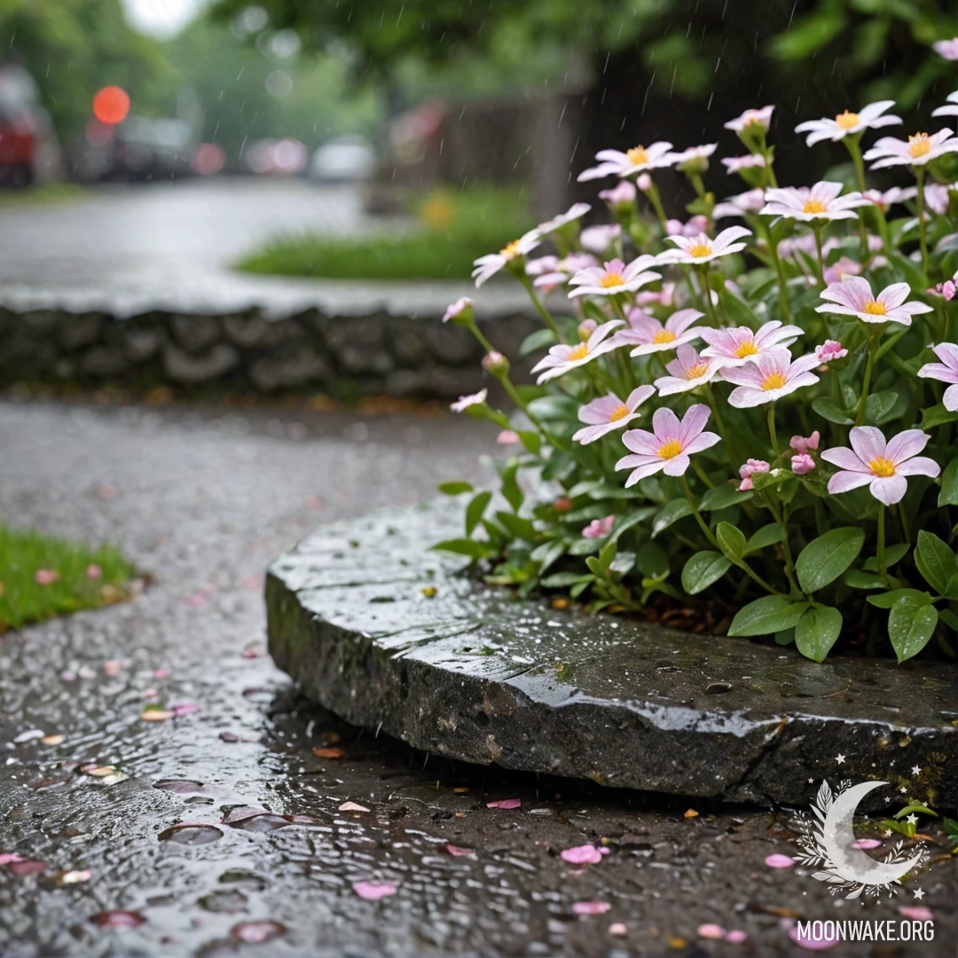 Старый каменный бордюр с маленькими белыми и розовыми цветами, растущими за ним под дождем.
