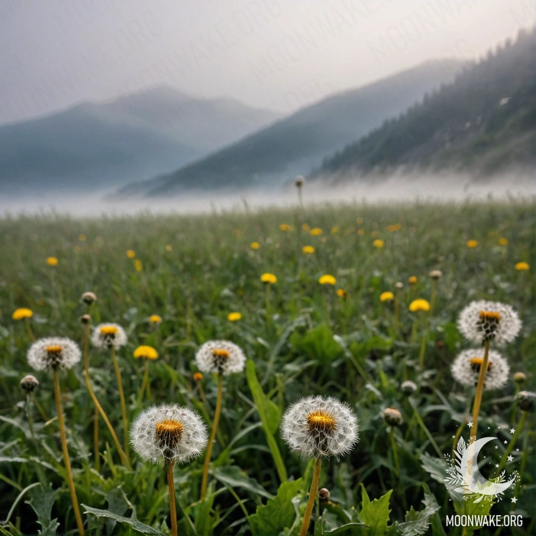 Крупный план одуванчиков на поле, с мягкими размытыми горами на фоне, окутанными плотным туманом.