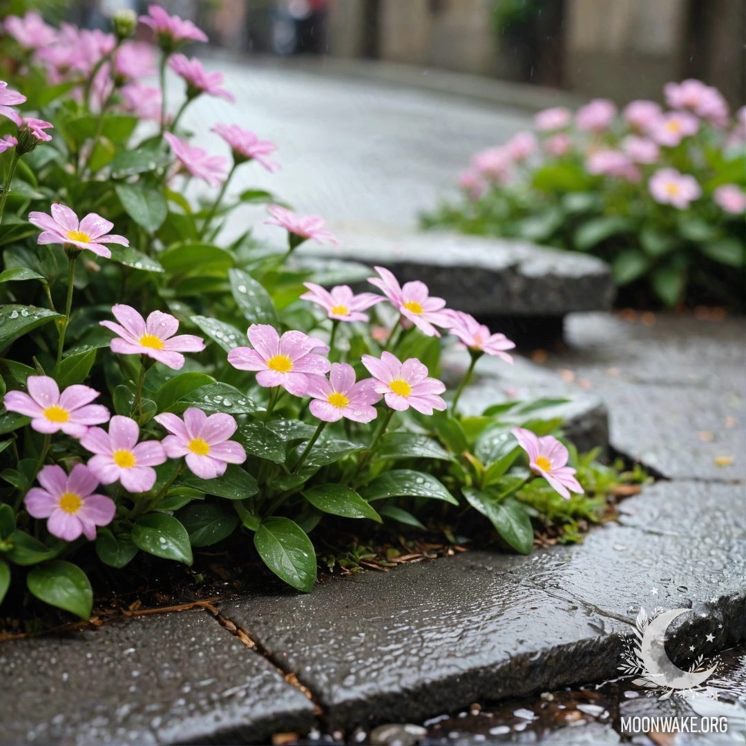 Старый каменный бордюр с маленькими белыми и розовыми цветами, растущими под дождем.