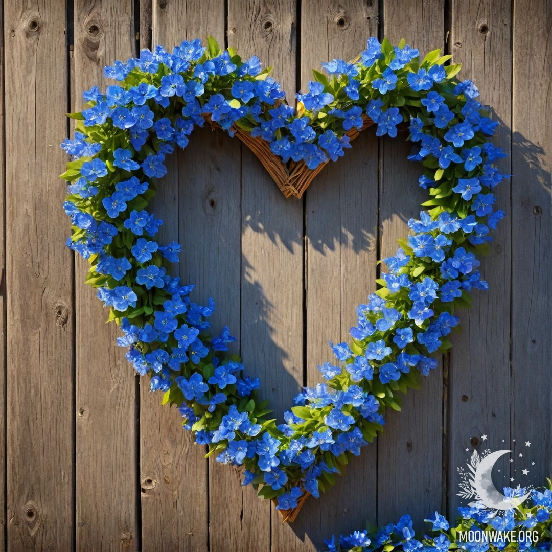 Крупный план старого деревянного забора с венком из голубых цветов в форме сердца, освещённый солнечными лучами.