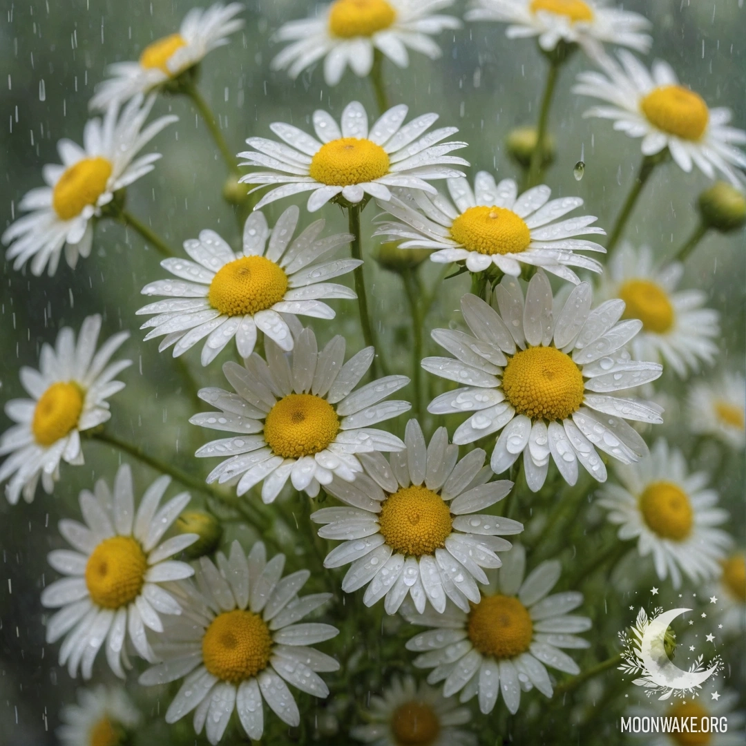 Букет нежных ромашек лимонного цвета, покрытый каплями дождя.