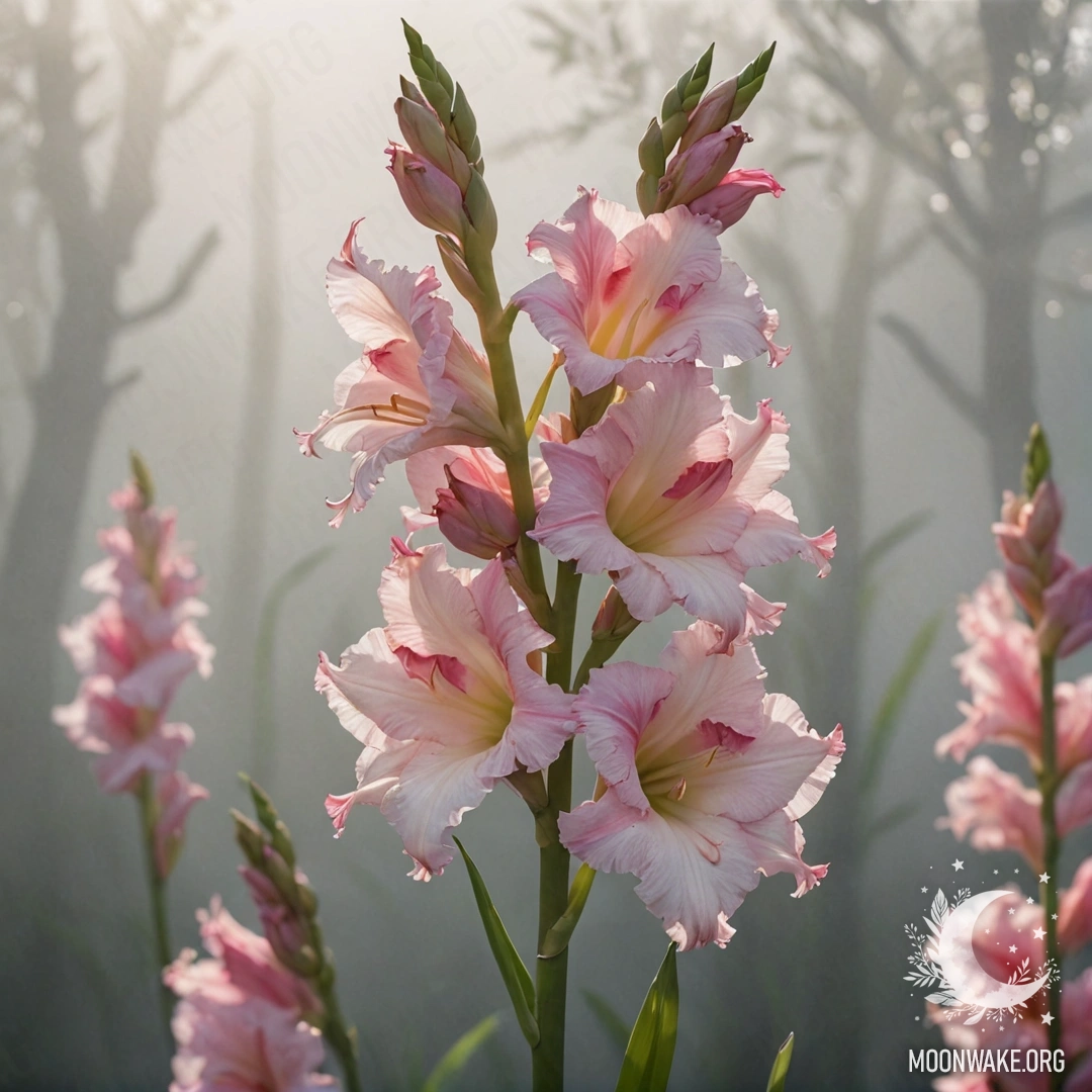 Минималистичное изображение розового гладиолуса, окруженного туманом и солнечными лучами.