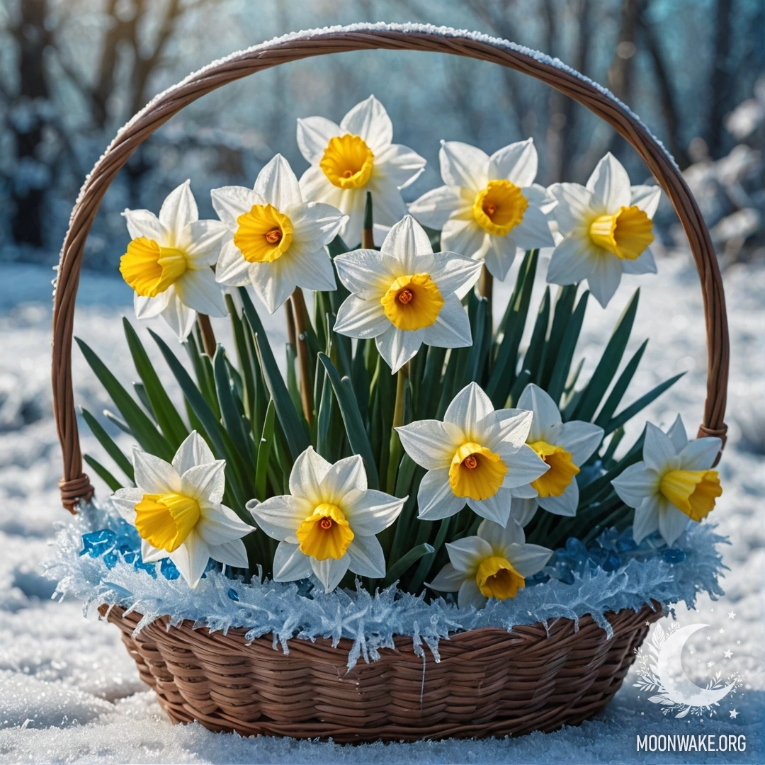 Голубой нежный нарцисс, укрытый инеем, в корзине на солнце.