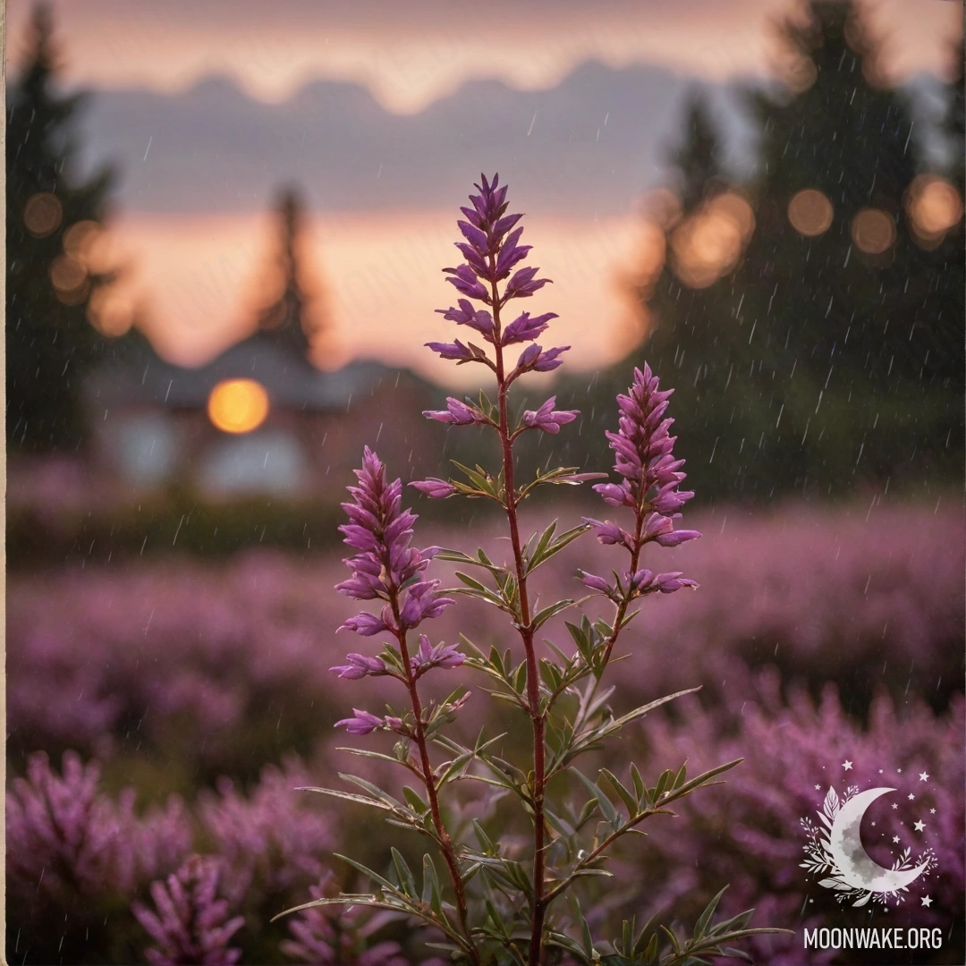 Яркая сцена с цветущим розовым вереском под дождем на закате.