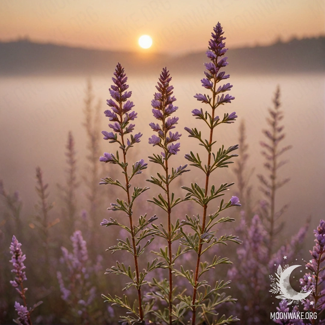 Спокойная композиция с вереском в тумане на закате, украшенная золотым блеском.