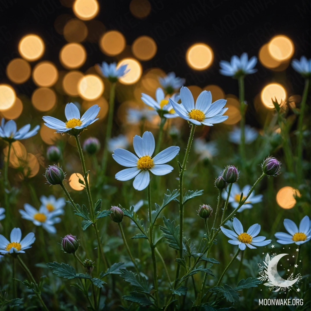 Крупным планом нежные полевые цветы на фоне размытия ночью.