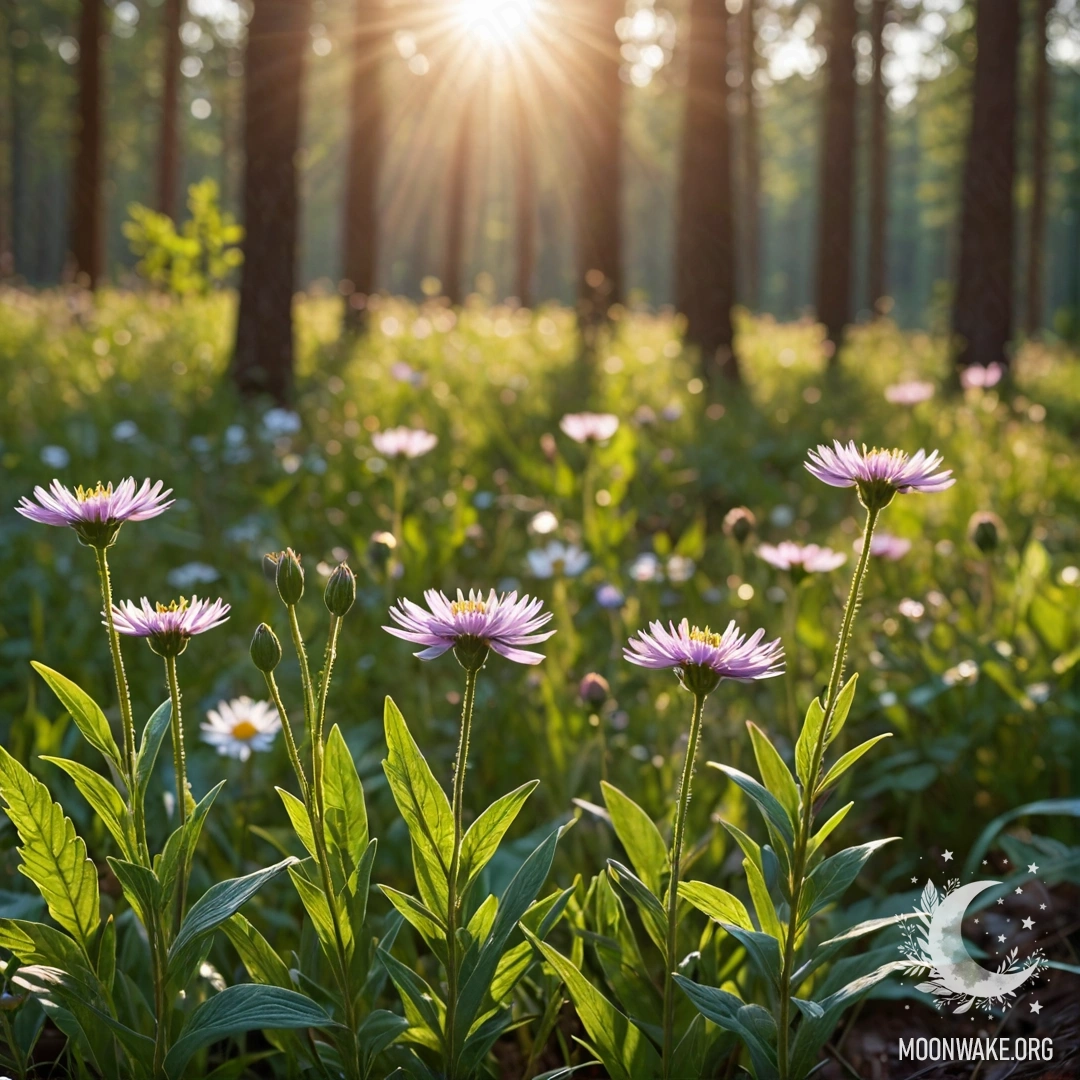 Крупный план нежных полевых цветов на фоне леса с солнечными лучами.