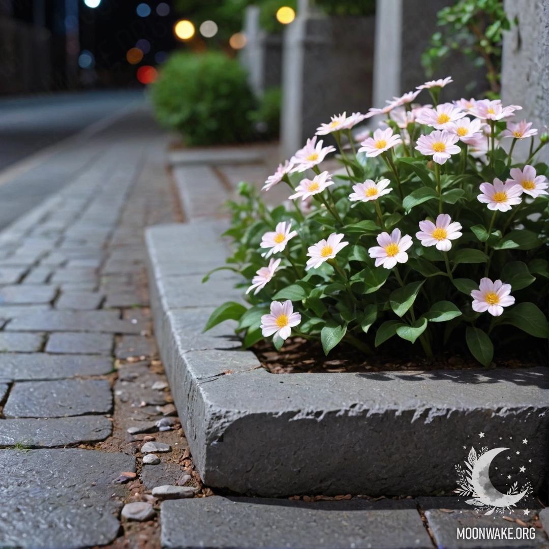 Старый каменный бордюр за которым ночью растут маленькие белые и розовые цветы.