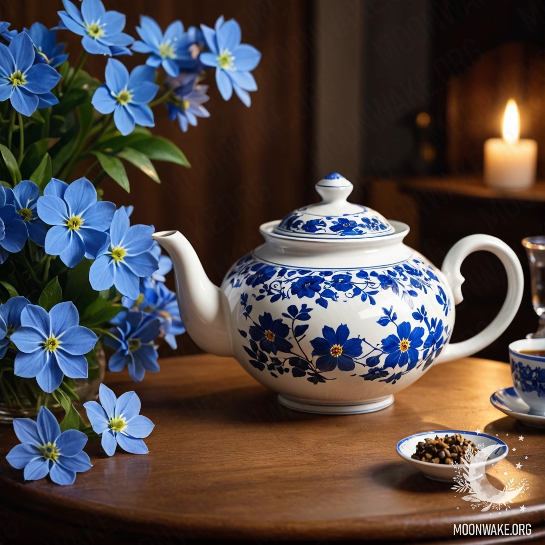 Круглый деревянный стол, на котором стоит фарфоровый чайник с голубыми цветами, освещенный ночным светом.